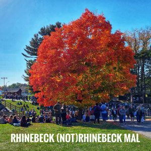 a full tree blazes with red and orange fall color. Overlaid white text reads "Rhinebeck/Not Rhinebeck MAL"